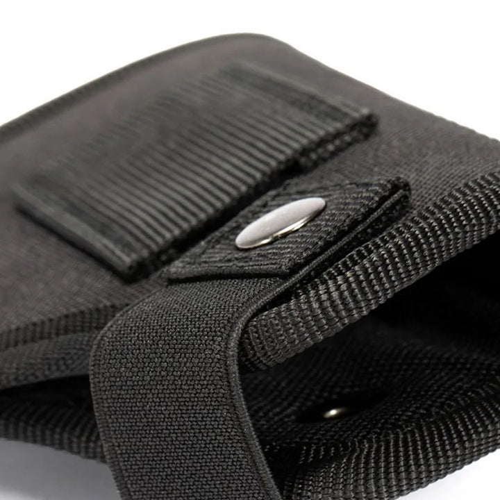 Black tactical pouch with a strap and metal buckle on a white background