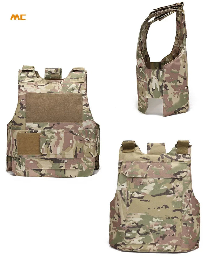 Camouflage tactical vests and pouches on a white background