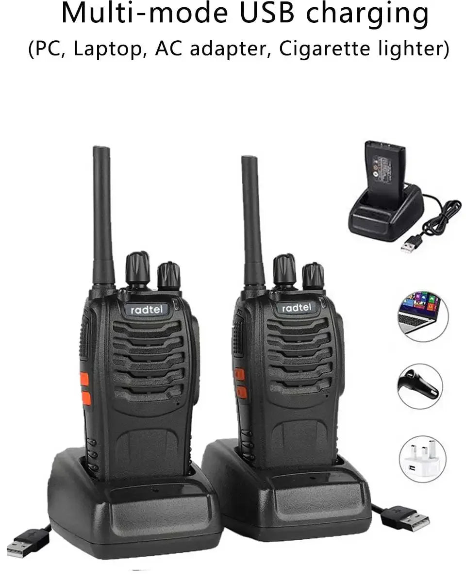 Two walkie-talkies with charging stands and USB cable on a white background, featuring text about multi-mode USB charging.