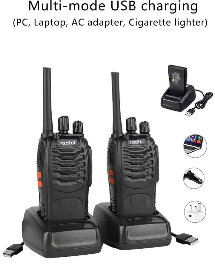 Two walkie-talkies with charging stands and USB cable on a white background, featuring text about multi-mode USB charging.
