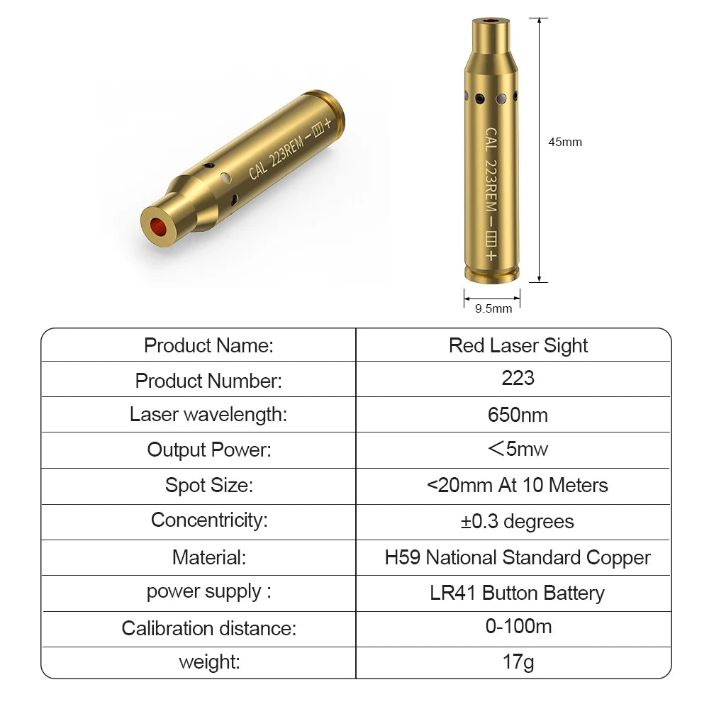 Gold red laser sight with specifications on a white background