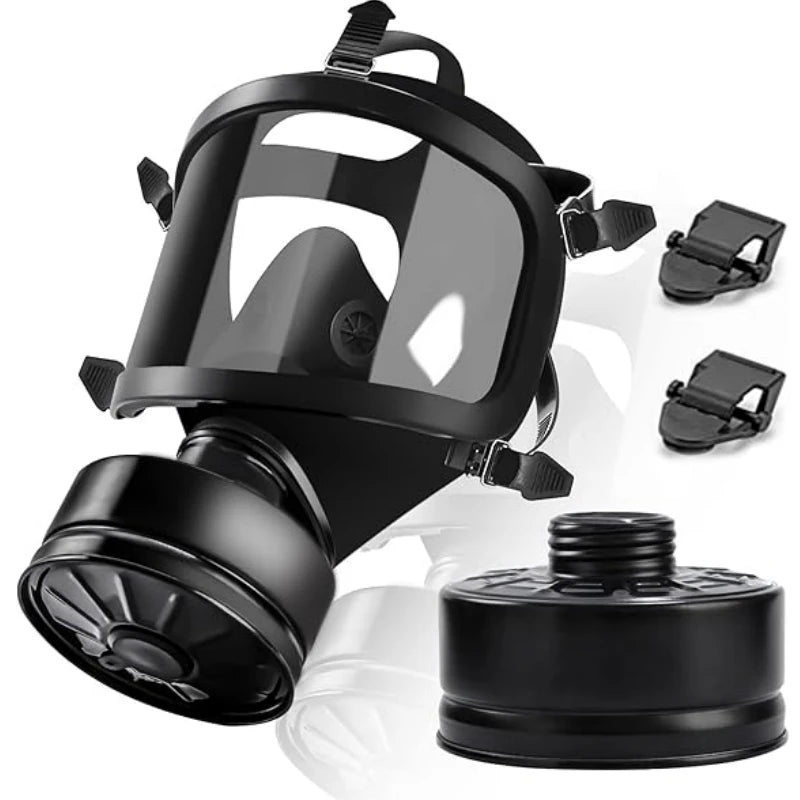 Black gas mask with filters on a white background