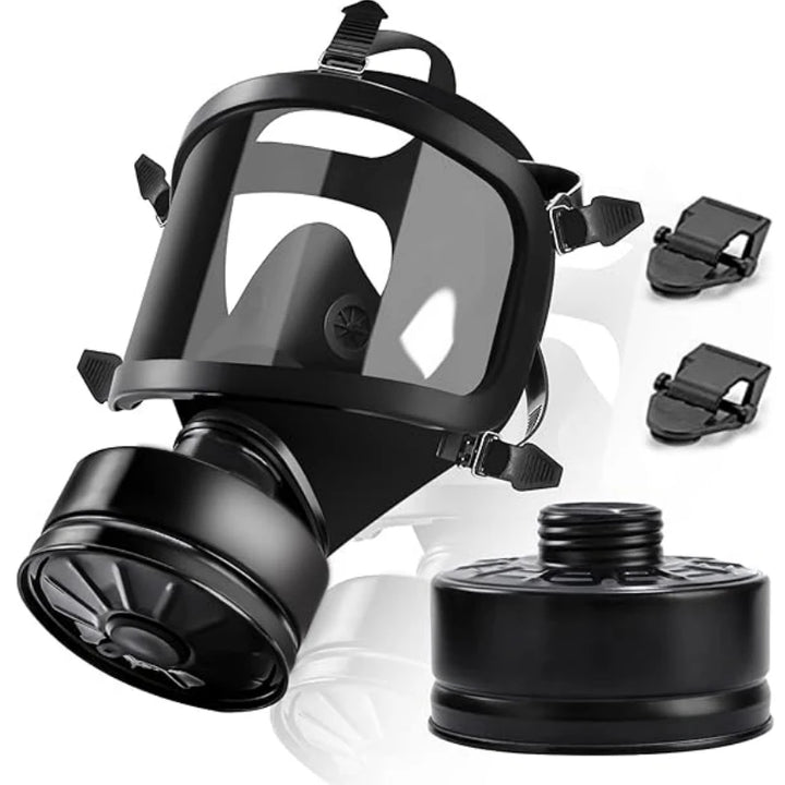 Black gas mask with filters on a white background