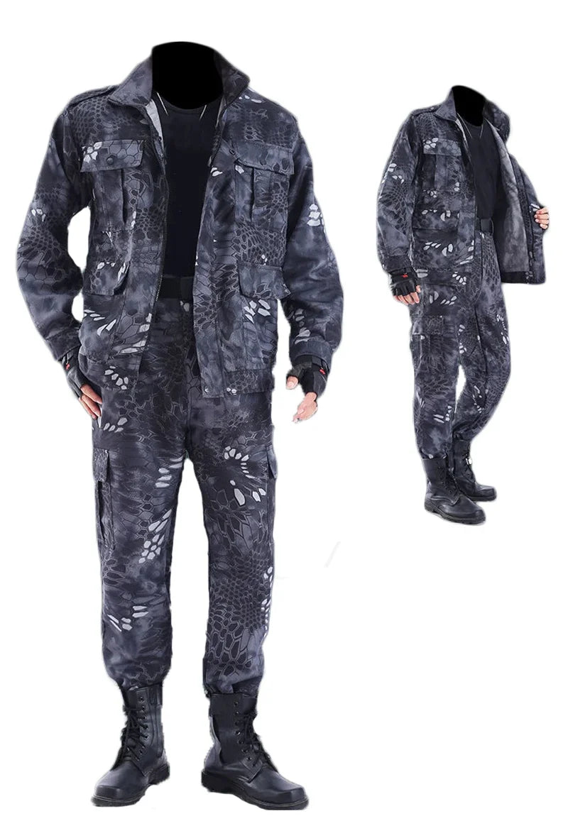 Camouflage military-style jumpsuit with jacket and pants on a white background