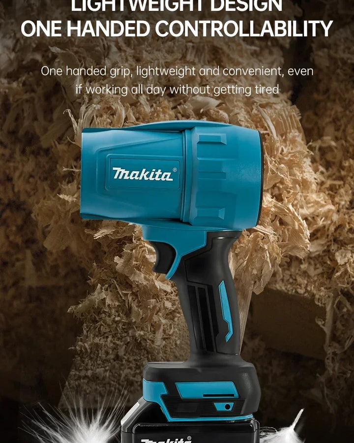 Blue Makita power tool with text highlighting lightweight design and one-handed controllability against a woodchip background.