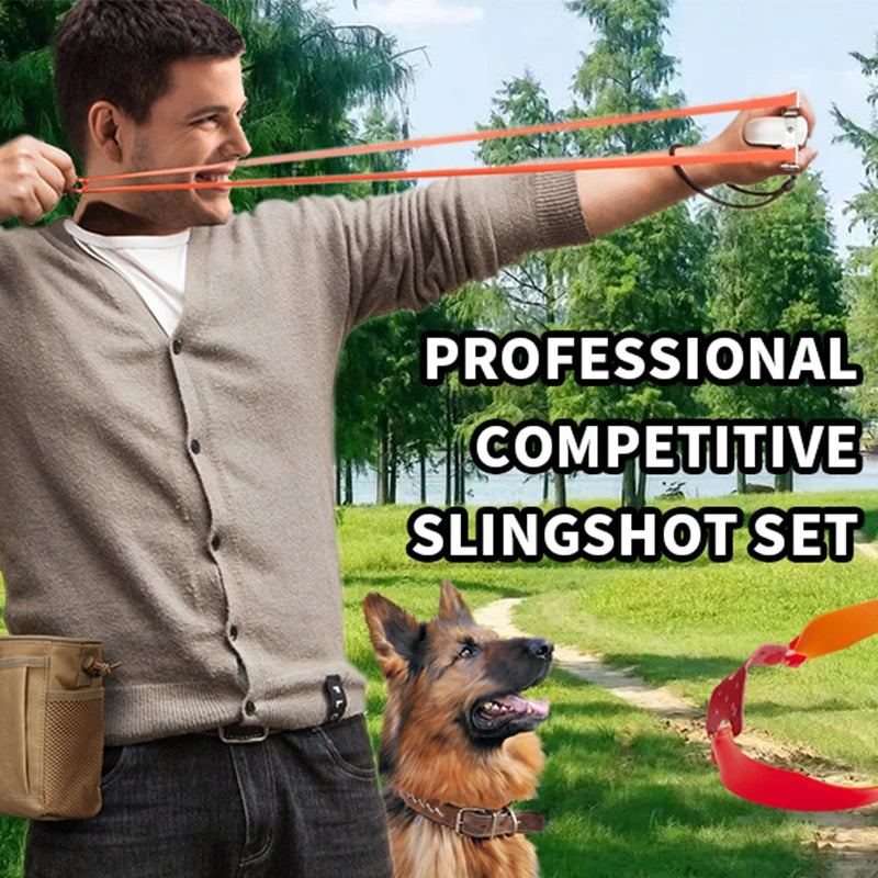 Man using a slingshot with text 'Professional Competitive Slingshot Set' in an outdoor setting with a dog.