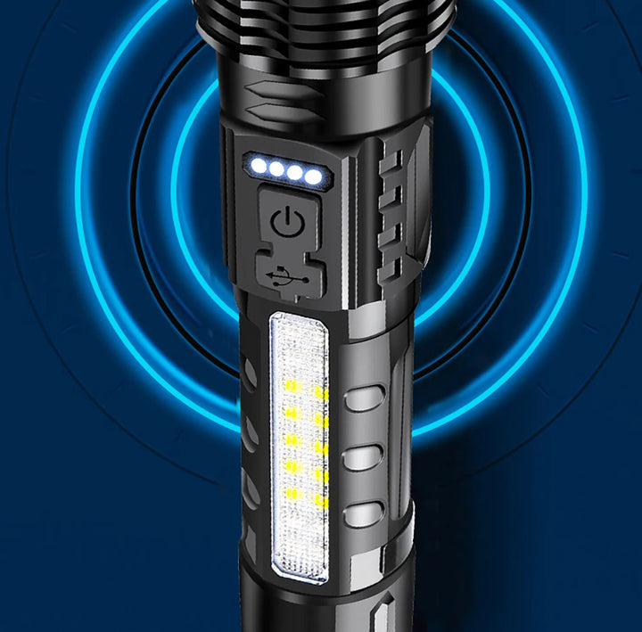 Powerful Xhp50 Led Flashlight Waterproof 18650 Torch With Side Light 7 Modes Camping Fishing Lantern Usb Rechargeable Zoom Lamp product image showing features or usage
