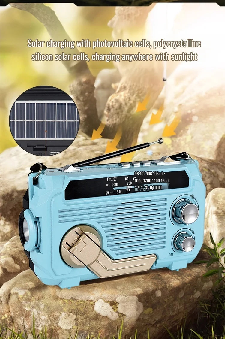 Blue radio with solar panel on a natural background