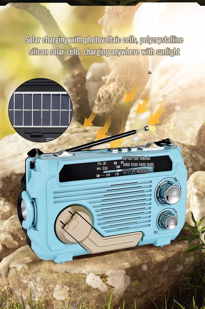 Blue radio with solar panel on a natural background