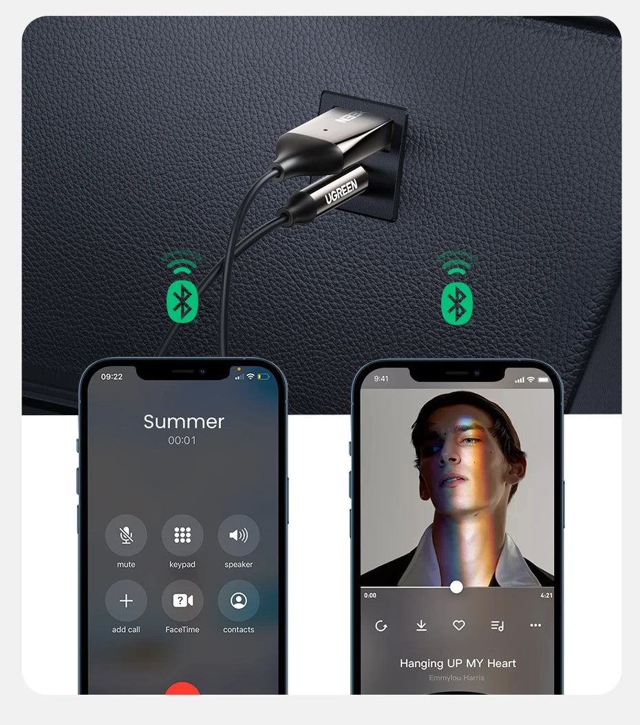 Ugreen Bluetooth Receiver 5 3 Adapter Hands Free Car Kits Aux Audio 3 5Mm Jack Music Wireless Receiver For Car Bt Transmitter product image showing features or usage