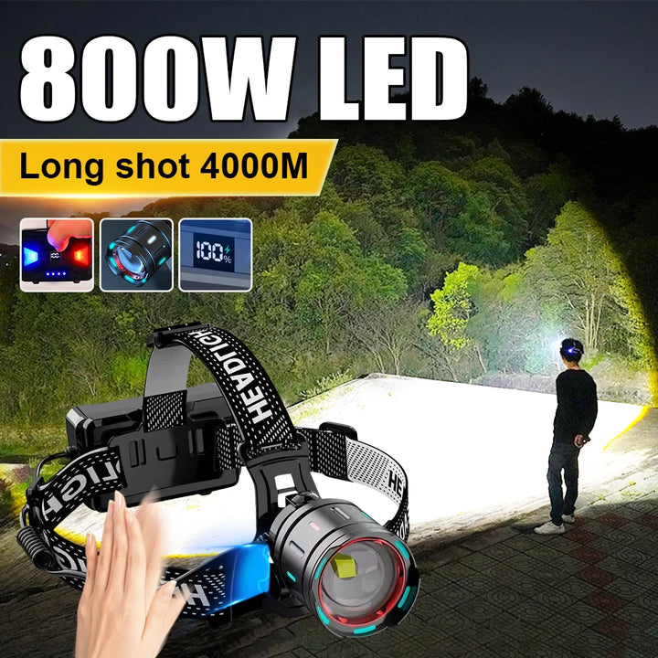 1000000Lm Powerful Headlamp 800W Led Sensor Head Flashlight Long Range Headlight 18650 Rechargeable Head Lantern Fishing Camping product image showing features or usage