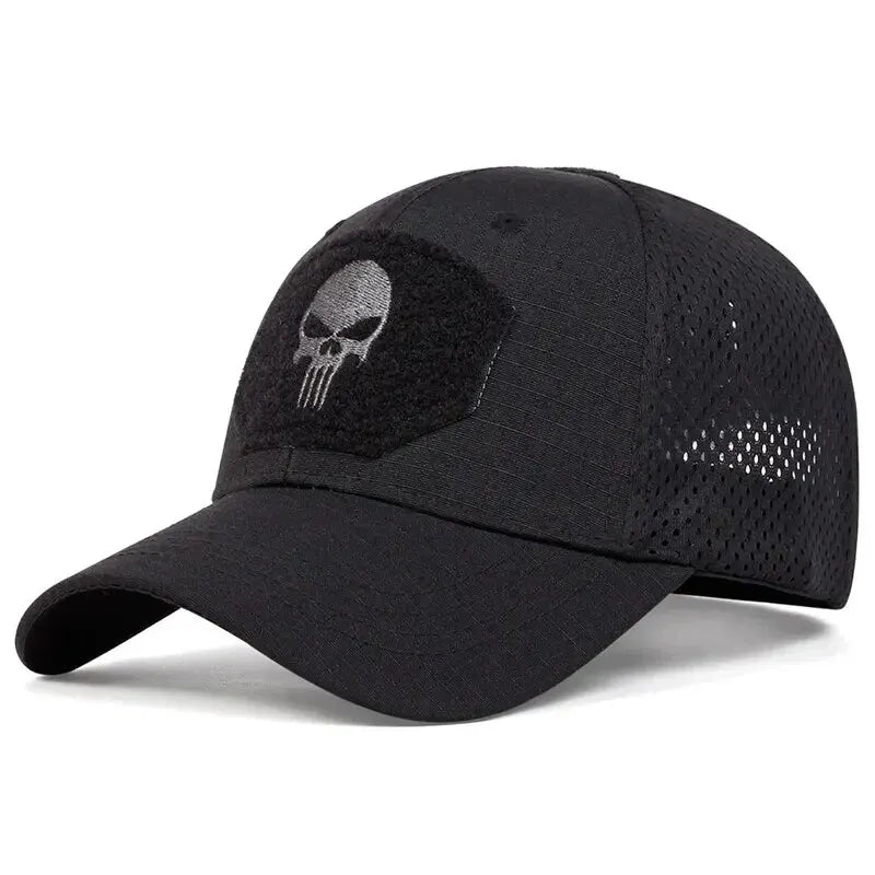 Black baseball cap with skull patch on a white background