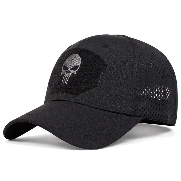 Black baseball cap with skull patch on a white background