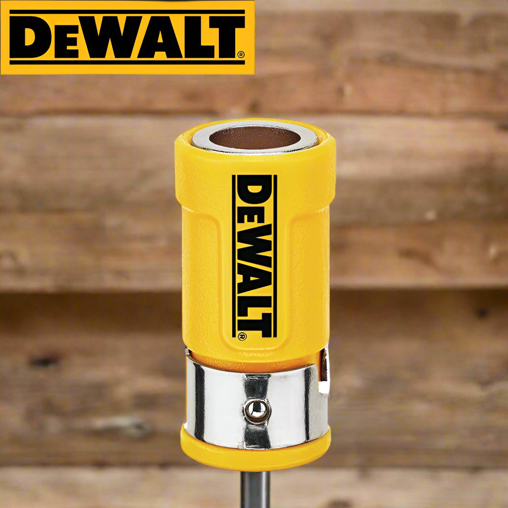Close-up of DEWALT yellow magnetic bit holder standing upright