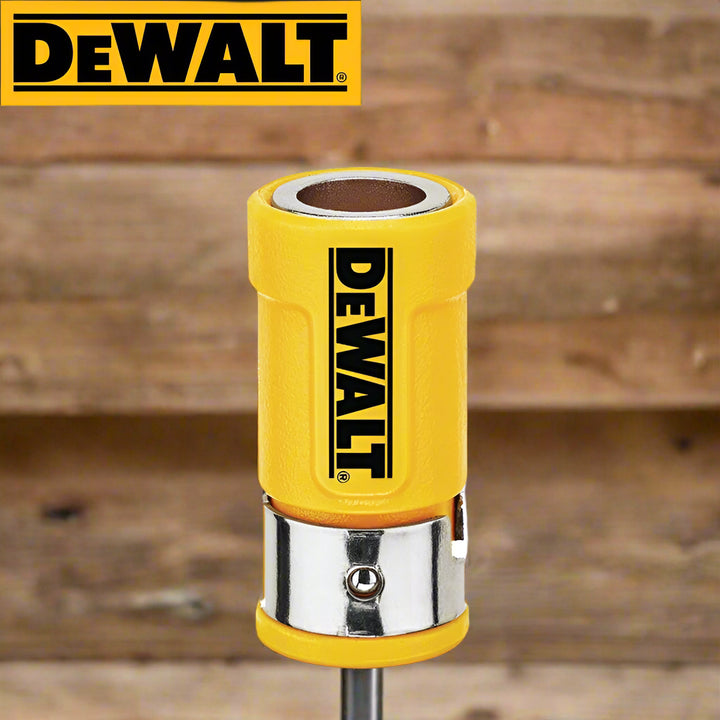 Close-up of DEWALT yellow magnetic bit holder standing upright
