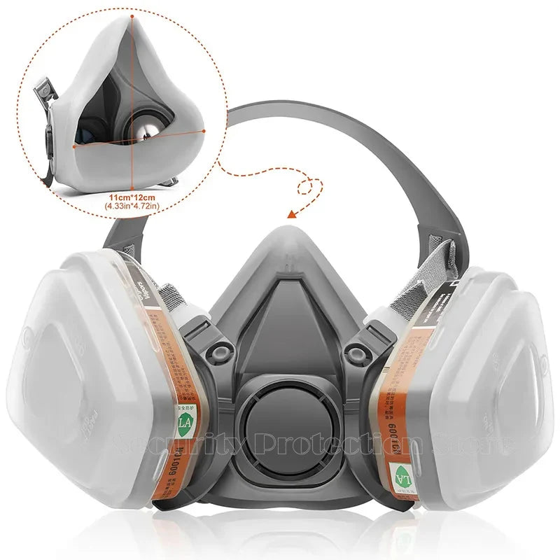 17-in-1 6200 Gas Mask Gray respirator mask with a close-up inset on a white background