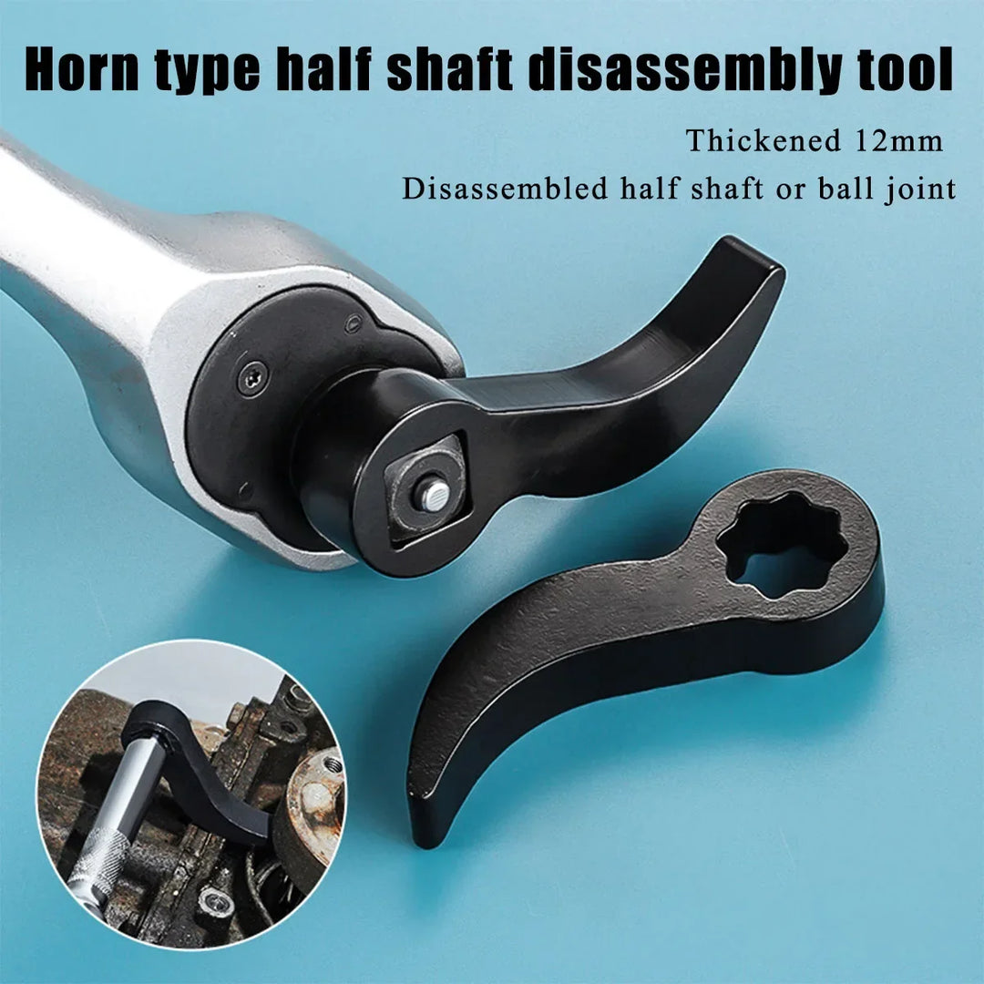 Horn type half shaft disassembly tool with text on a blue background