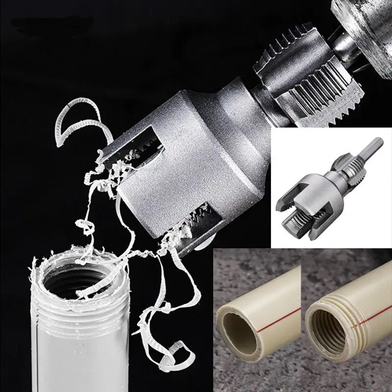 Metal threading tool with thread cutting action and close-up details on a black background