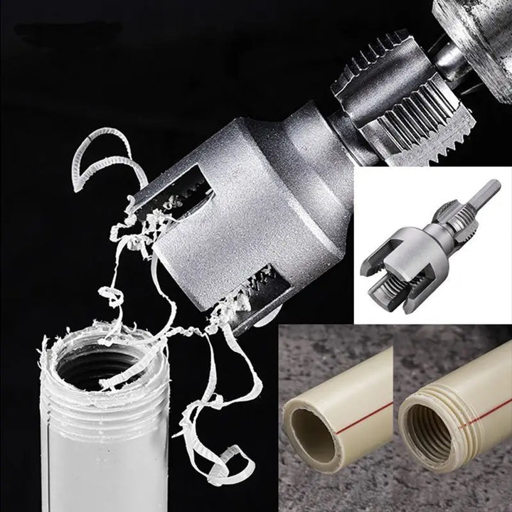Metal threading tool with thread cutting action and close-up details on a black background