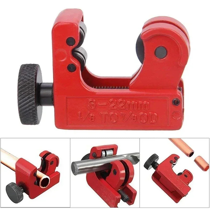 Red pipe cutter tool with multiple views on a white background