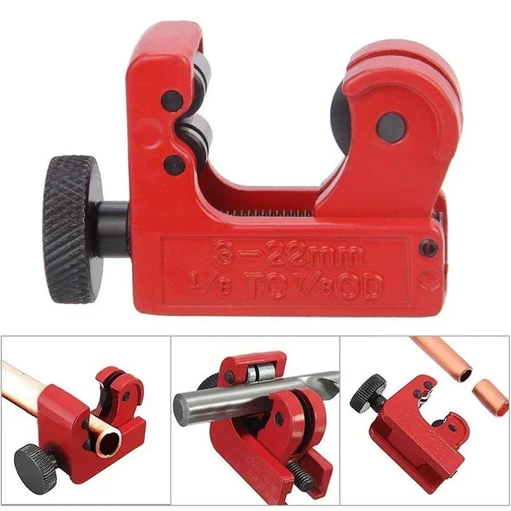 Red pipe cutter tool with multiple views on a white background
