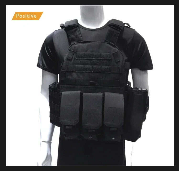Black tactical vest on a mannequin with a white background
