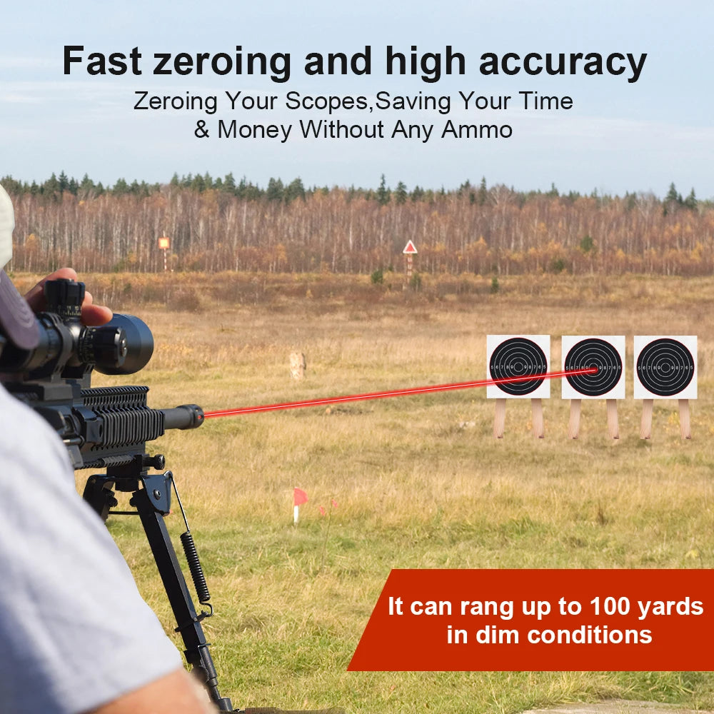Person using a scope to aim at targets with text about fast zeroing and high accuracy.