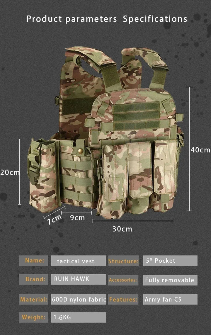 Tactical vest with dimensions and specifications on a dark background