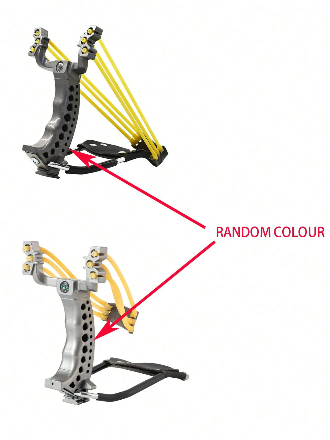 Two slingshots with different color options on a white background