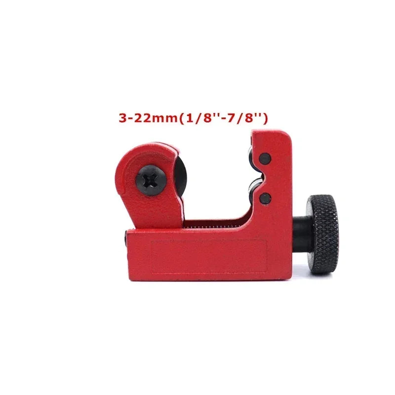 Red pipe cutter with size specifications on a white background