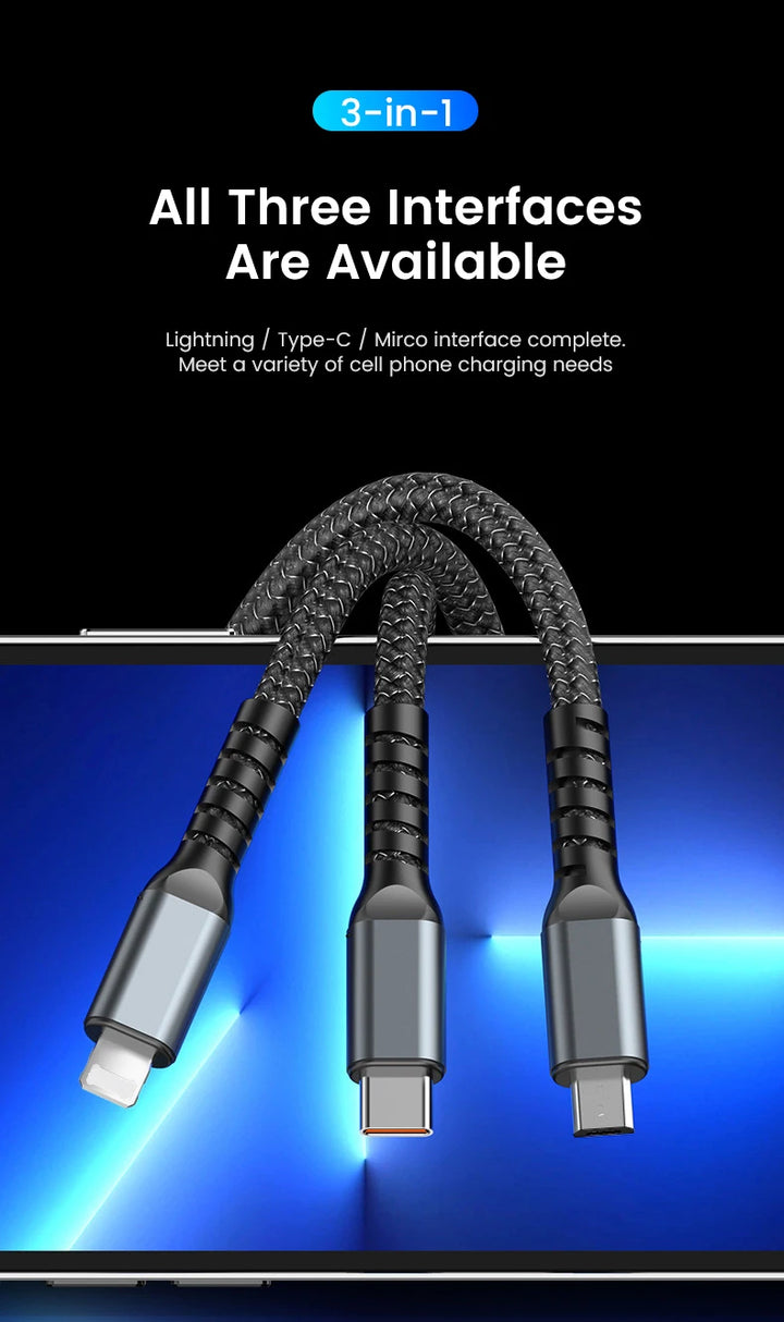 SmartGearPros SmartGearPros 3-in-1 100W Fast Charging Cable – USB C, Micro USB & Lightning with Transparent LED Chip for Samsung, iPhone, Huawei & More