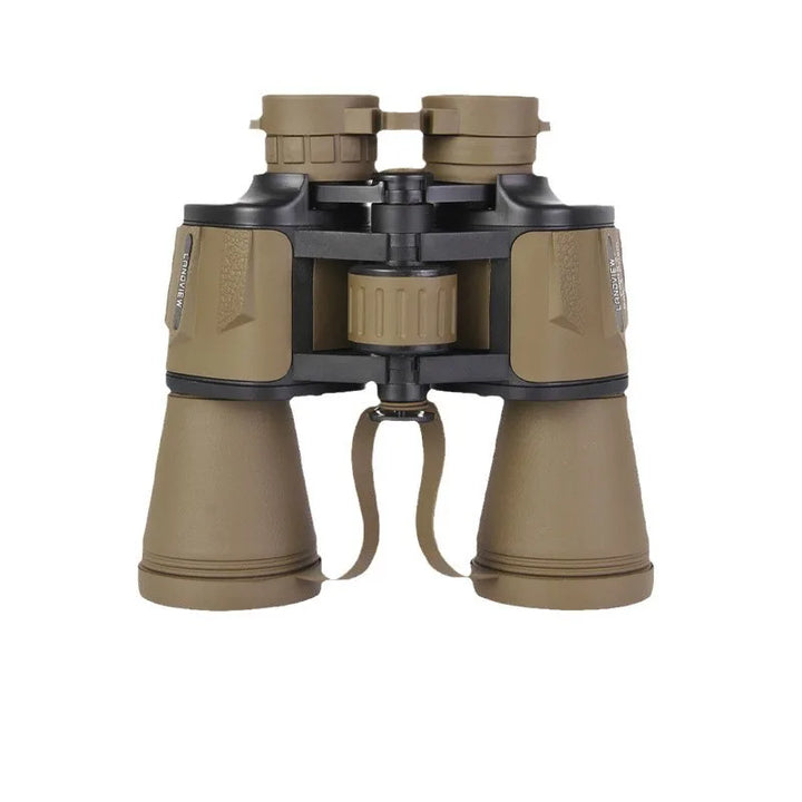 Tan binoculars with a strap on a white background