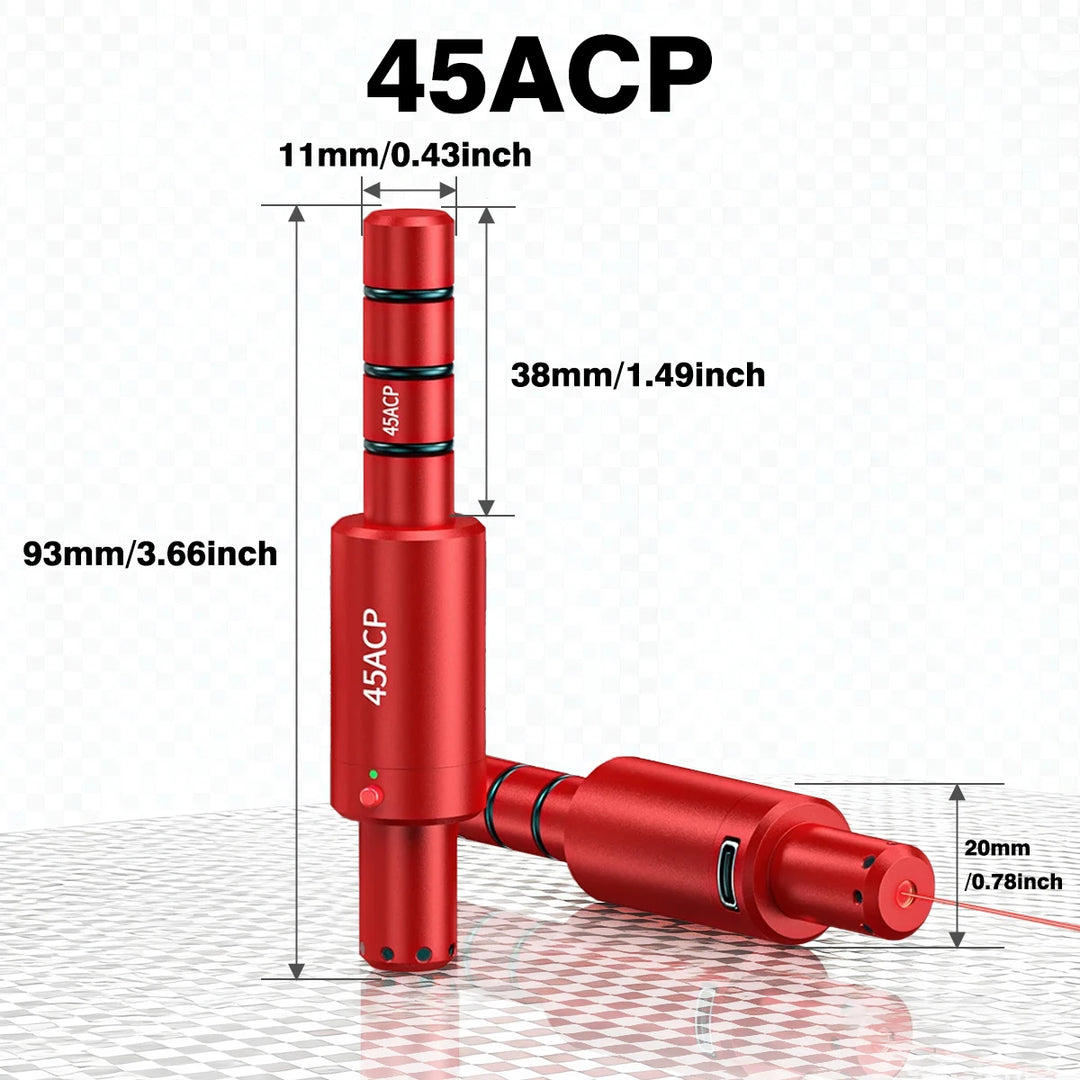 Red laser pointer with measurements on a white background