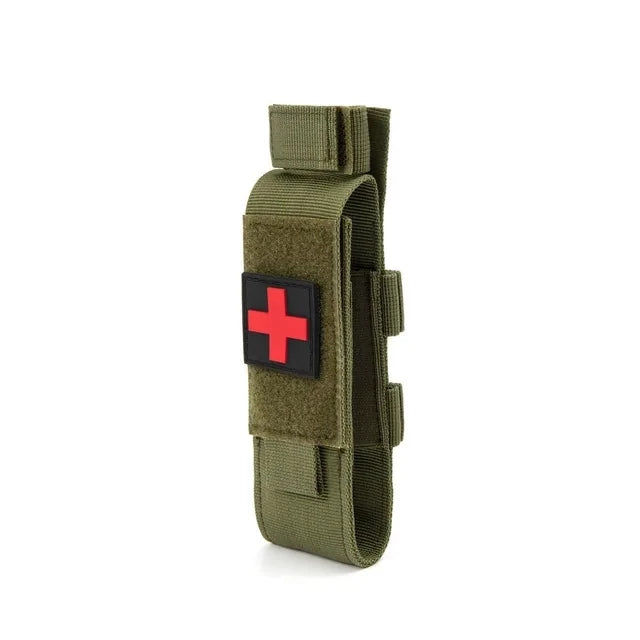 Green tactical pouch with a red cross patch on a white background