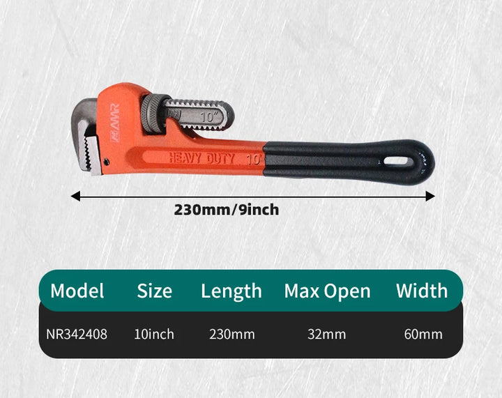 Heavy-duty pipe wrench with dimensions on a textured gray background