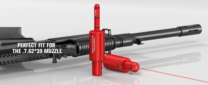 Red laser sight on a black rifle barrel with text indicating compatibility.