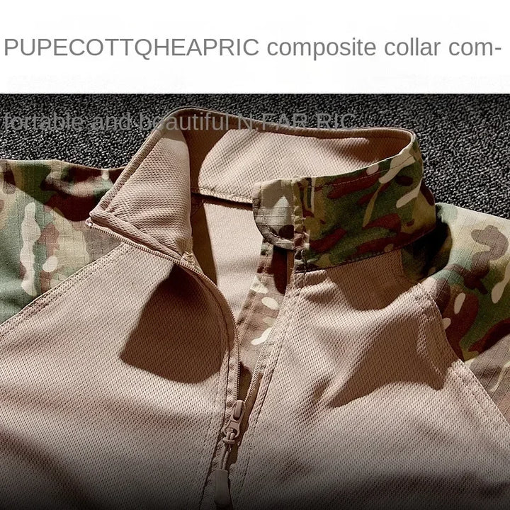 Close-up of a jacket with camouflage collar and beige body, text 'POPE COTTON FABRIC' above.
