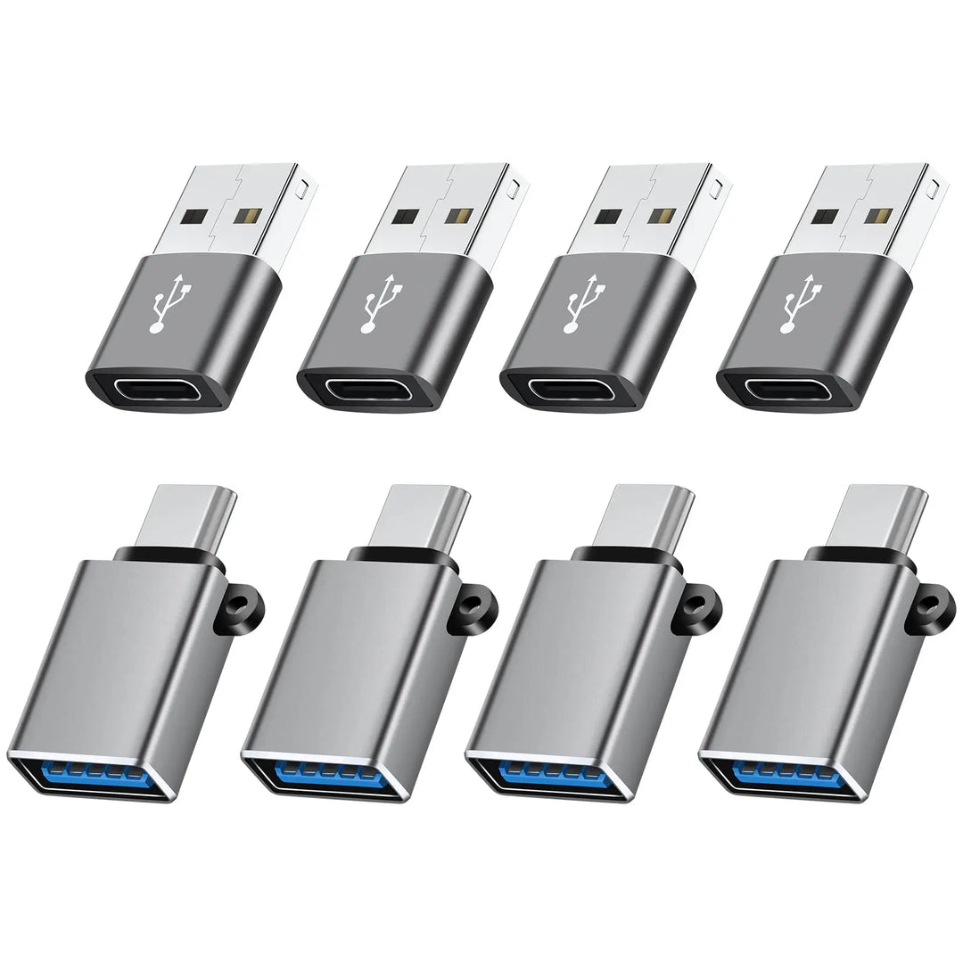Set of eight USB adapters on a white background