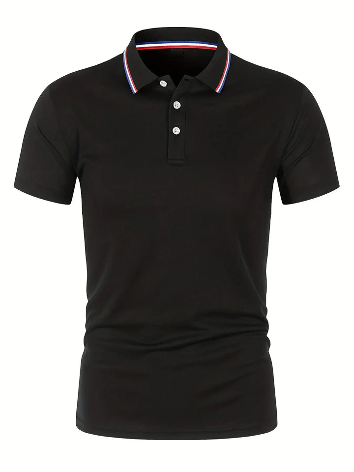 SmartGearPros Men's Polo Shirt in black, breathable polyester polo shirt with button collar and sporty design.