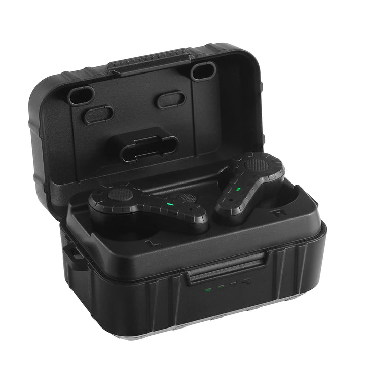 Black electronic device with a charging case on a white background