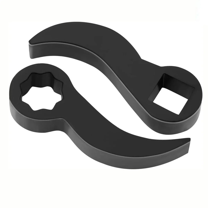 Black double-ended wrench on a white background
