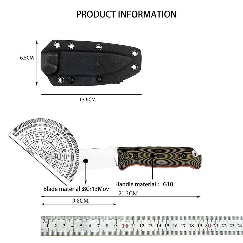 Measurement chart of a knife with dimensions and materials listed