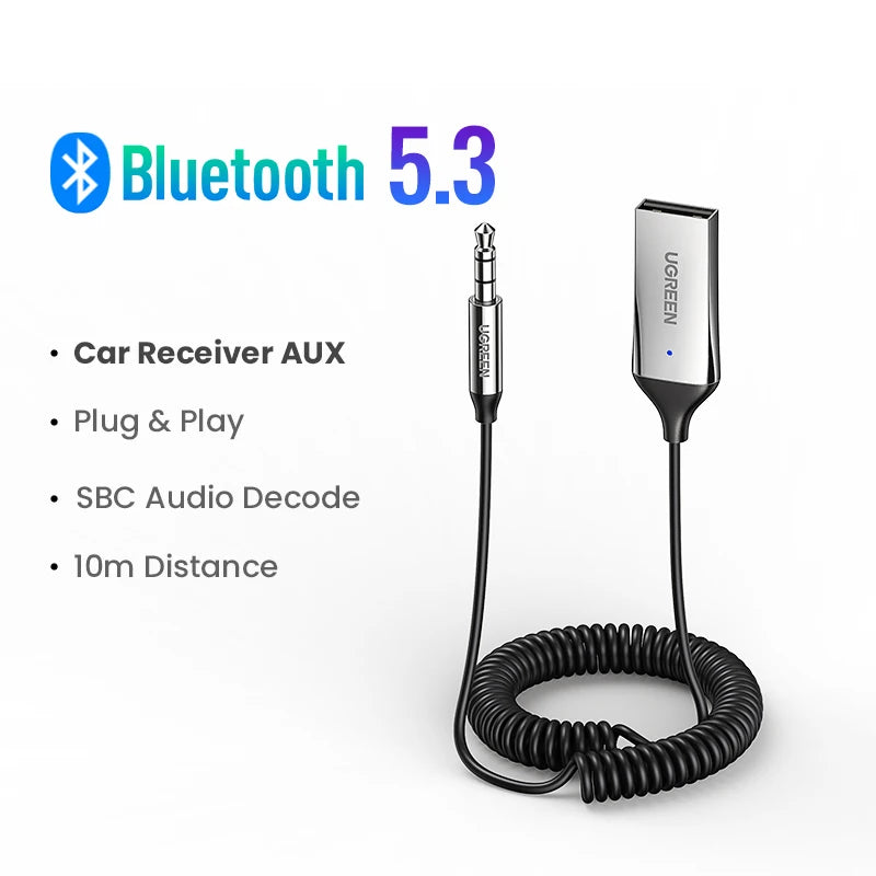 Ugreen Bluetooth Receiver 5 3 Adapter Hands Free Car Kits Aux Audio 3 5Mm Jack Music Wireless Receiver For Car Bt Transmitter product image showing features or usage