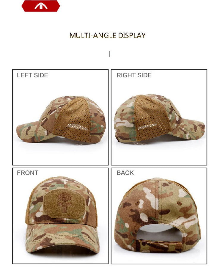 Camouflage baseball cap displayed from multiple angles on a white background.