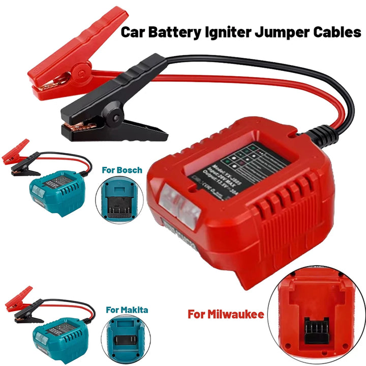 Car battery igniter jumper cables with clamps and compatibility details for Bosch, Makita, and Milwaukee batteries.