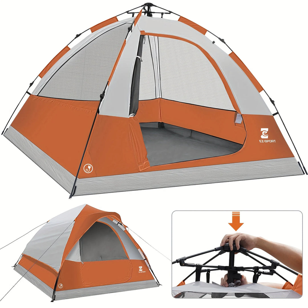 Orange and gray tent with a smaller inset showing assembly.
