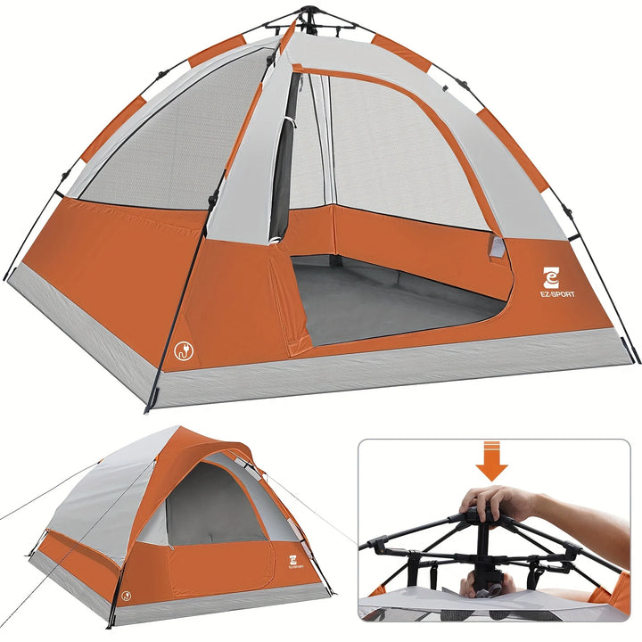 Orange and gray tent with a smaller inset showing assembly.