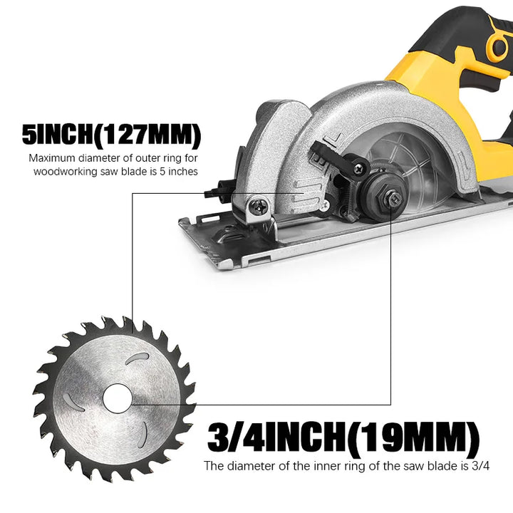 5 Inch Brushless Circular Saw Cordless Rechargeable Chainsaw Battery Set Woodworking One Hand Chainsaw For Dewalt 20V Battery product image showing features or usage