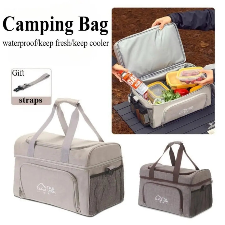 Camping bag with food items, straps, and cooler functions on a white background.