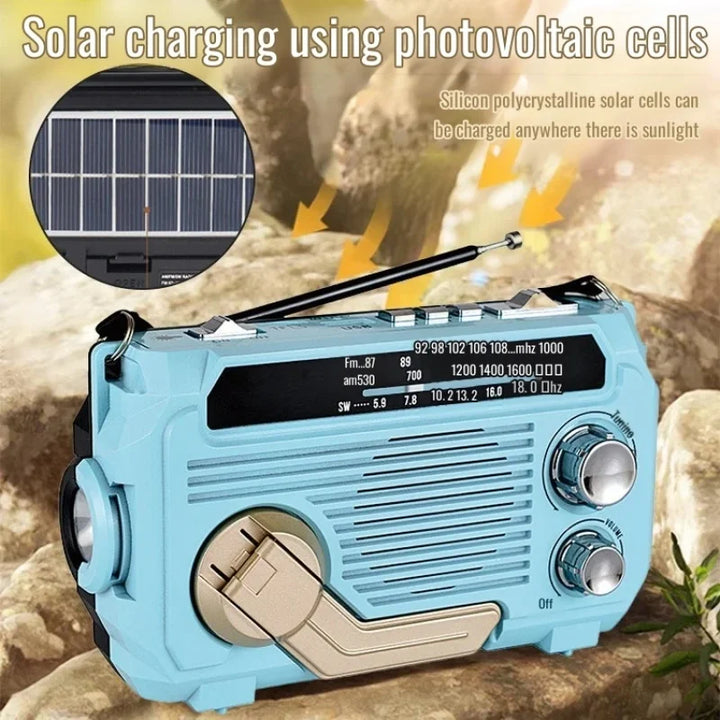 Blue radio with solar panel and text about photovoltaic cells